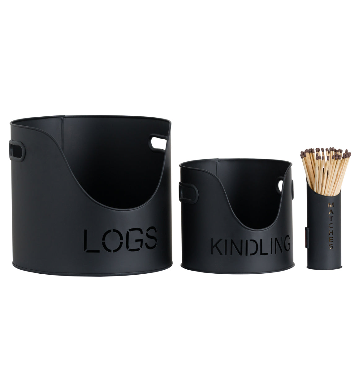 Black Logs & Kindling Buckets With Matchstick Holder Set