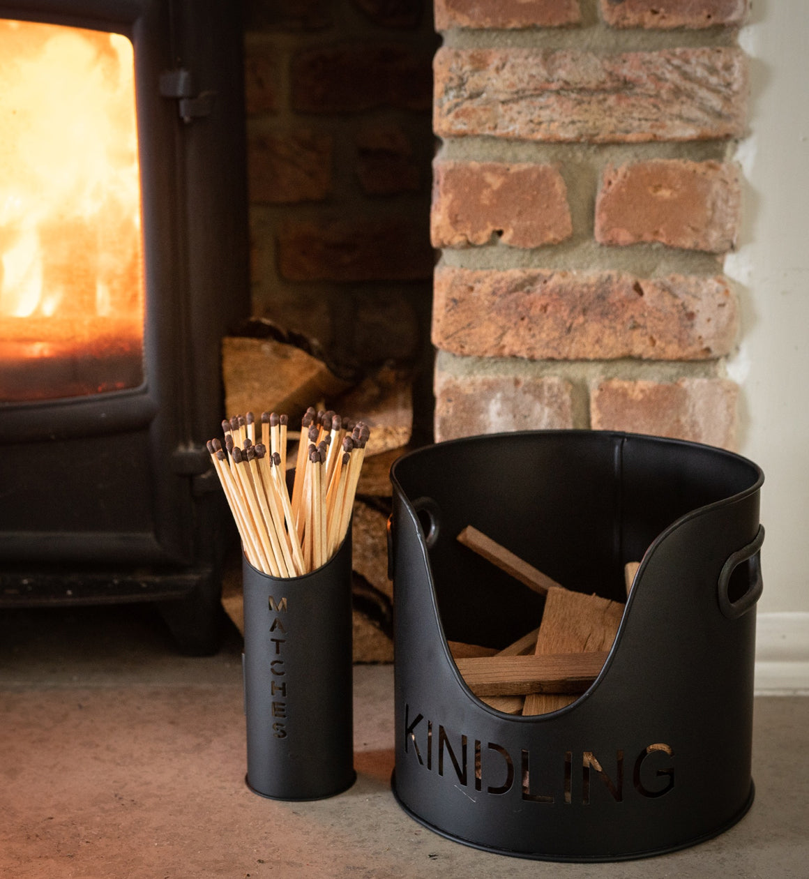 Black Logs & Kindling Buckets With Matchstick Holder Set