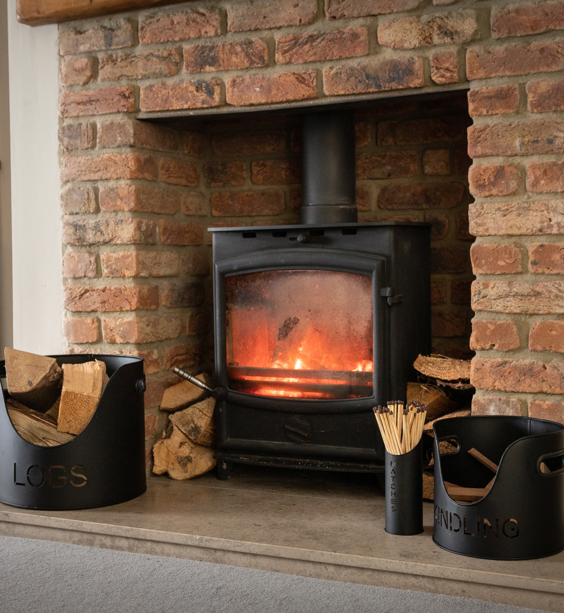 Black Logs & Kindling Buckets With Matchstick Holder Set