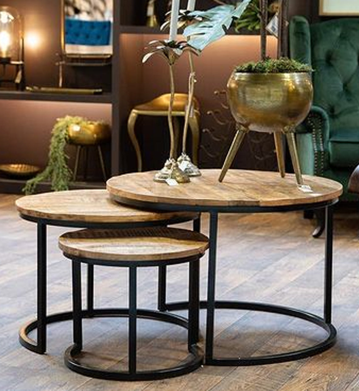 Black Metal and Wood Nest of Tables