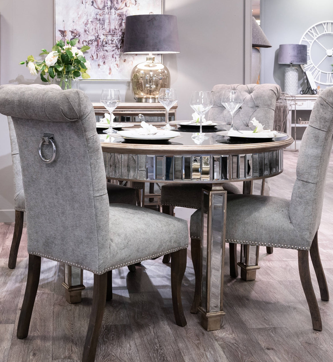 Grey Button Back Dining Chair With Metal Ring