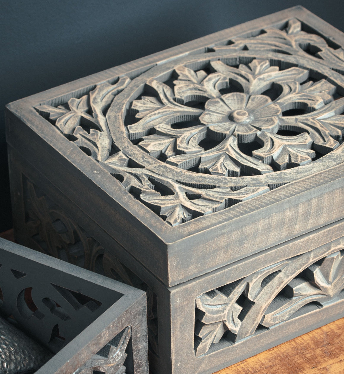 Hand Carved Grey Wooden Box