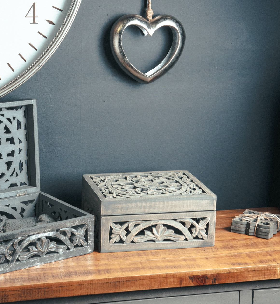 Hand Carved Grey Wooden Box