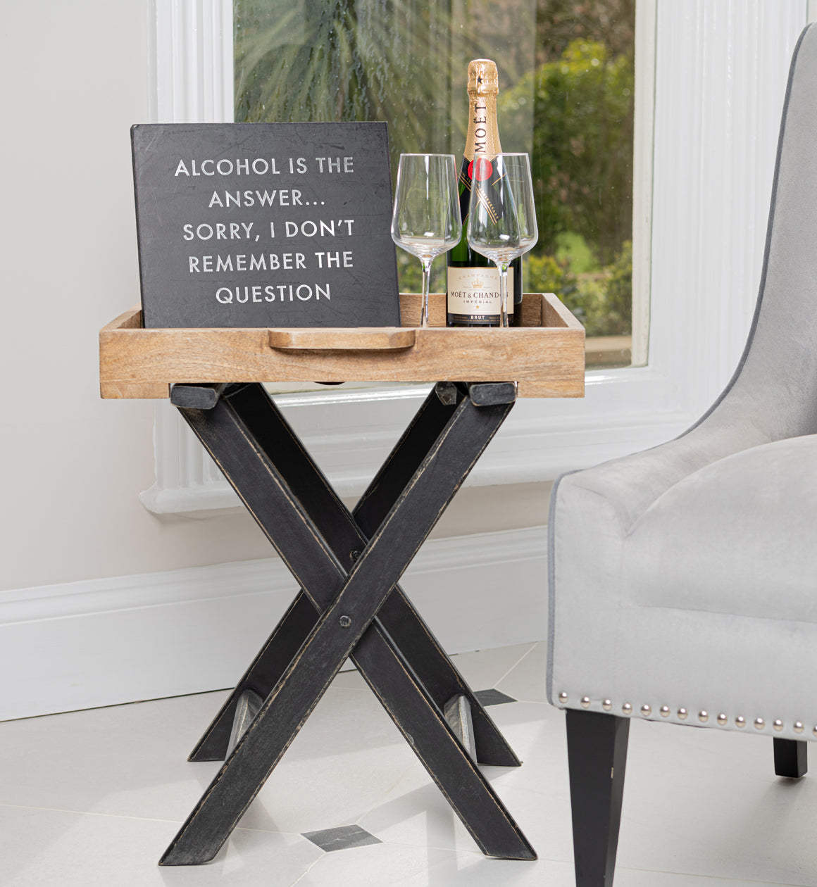 Mango Wood and Black Butlers Tray Side Table
