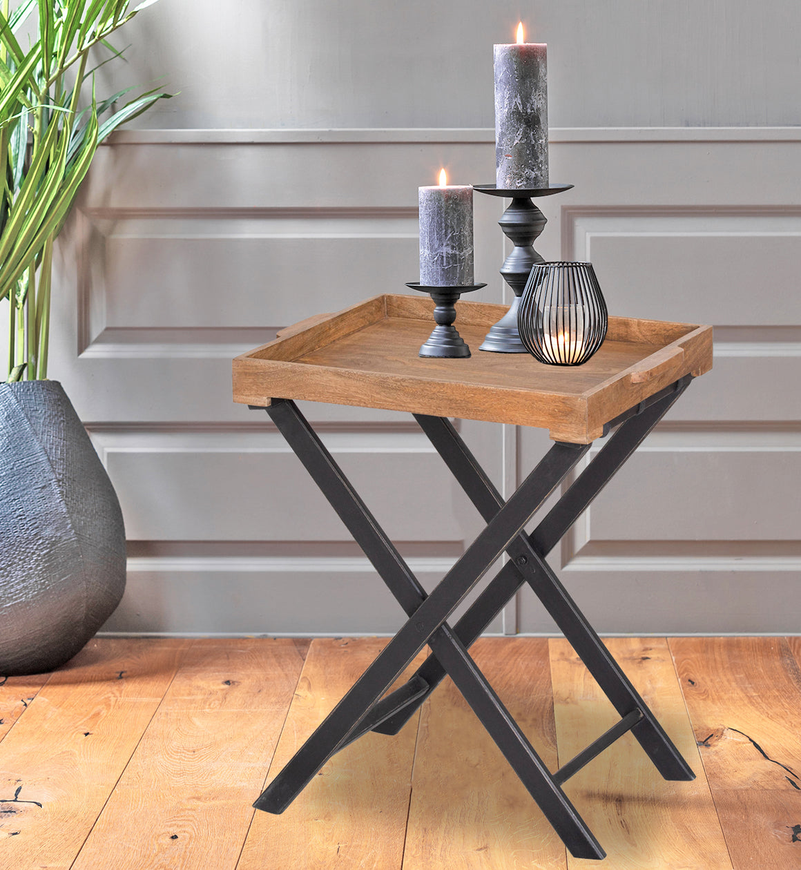 Mango Wood and Black Butlers Tray Side Table