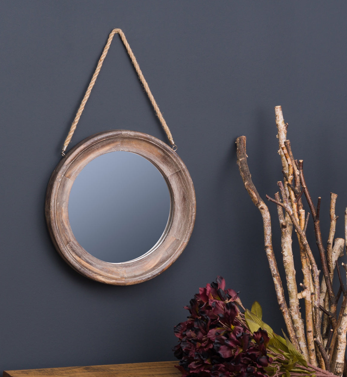 Rope Hung Wooden Round Wall Mirror