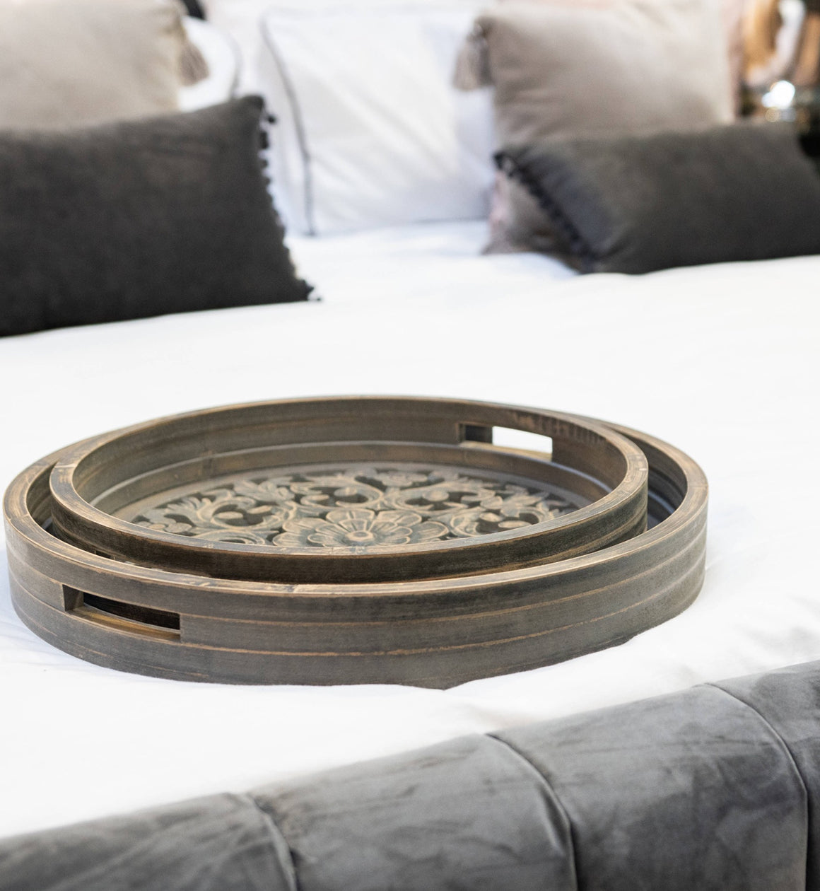 Set of Two Hand Carved Wooden Serving Trays