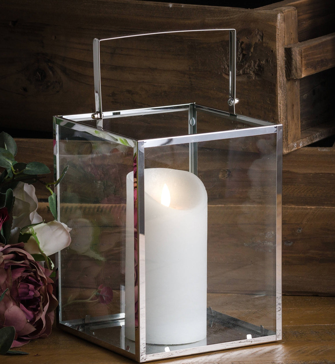 Silver Lantern with Wax Led Candle