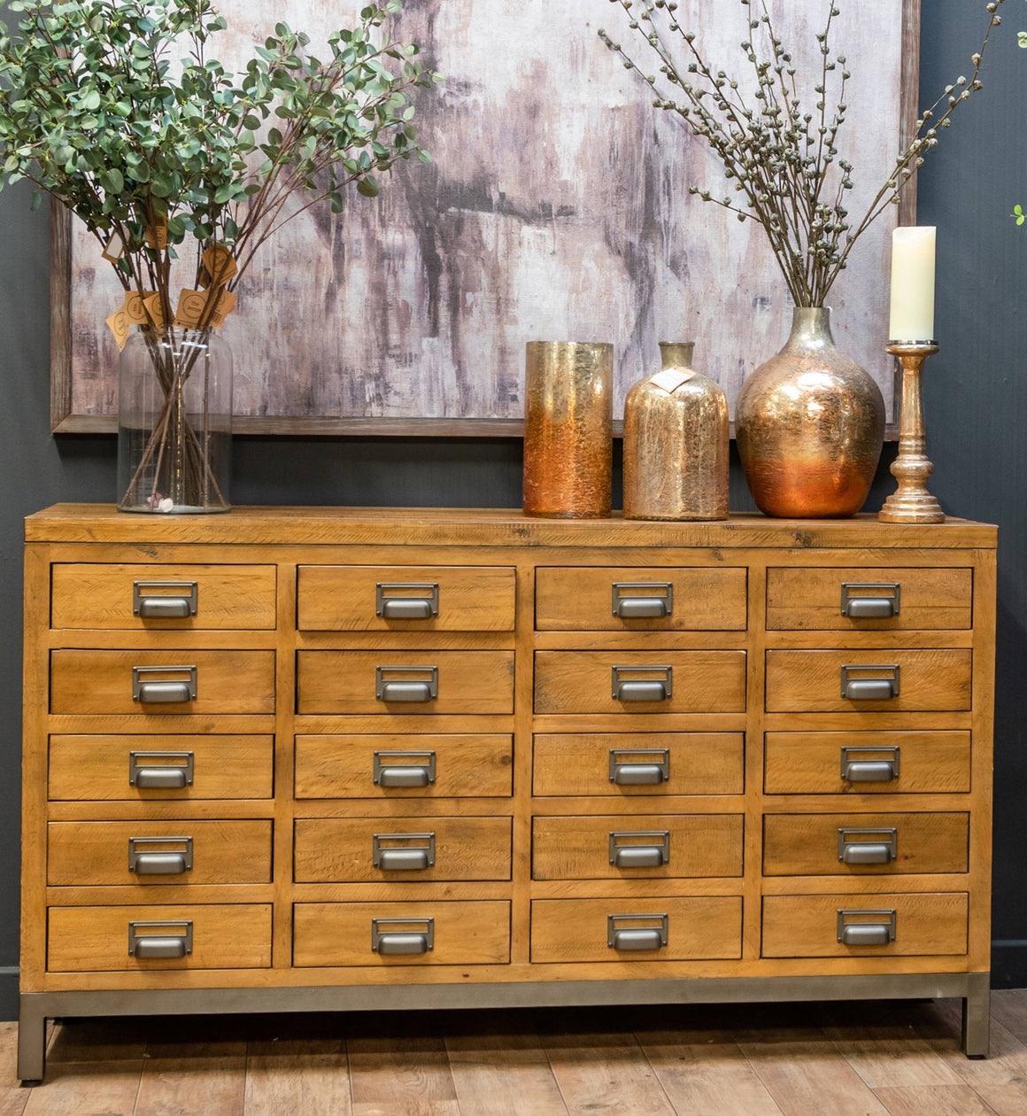Solid Pine Wood Industrial Chest of Twenty Drawers