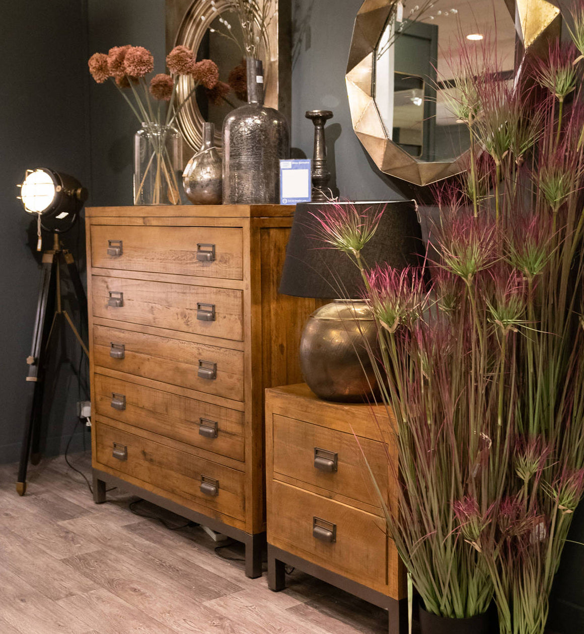 Solid Pine Wood Industrial Two Drawer Bedside Table