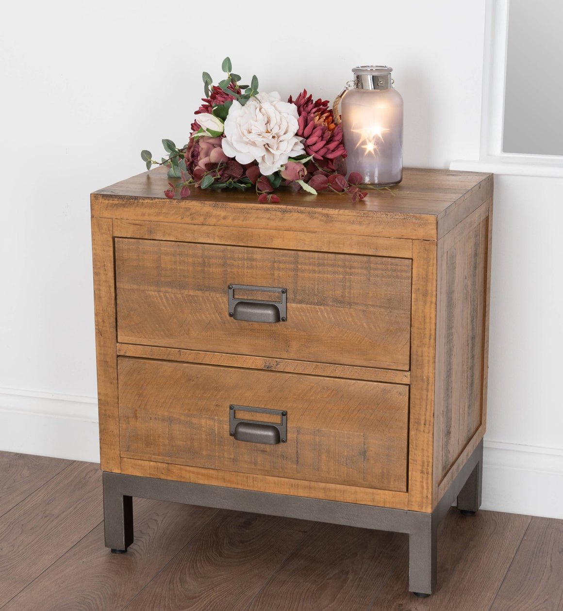 Solid Pine Wood Industrial Two Drawer Bedside Table