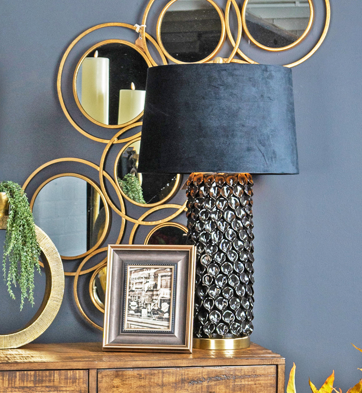 Textured Gloss Black Table Lamp with Black Shade