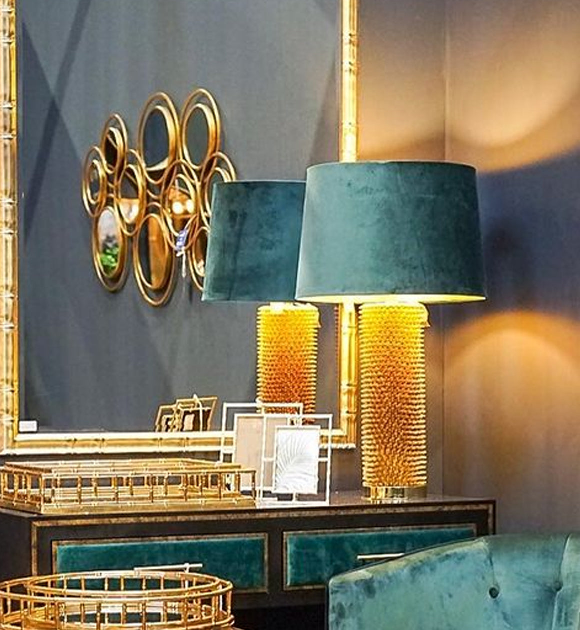 Textured Gold Table Lamp with Green Shade