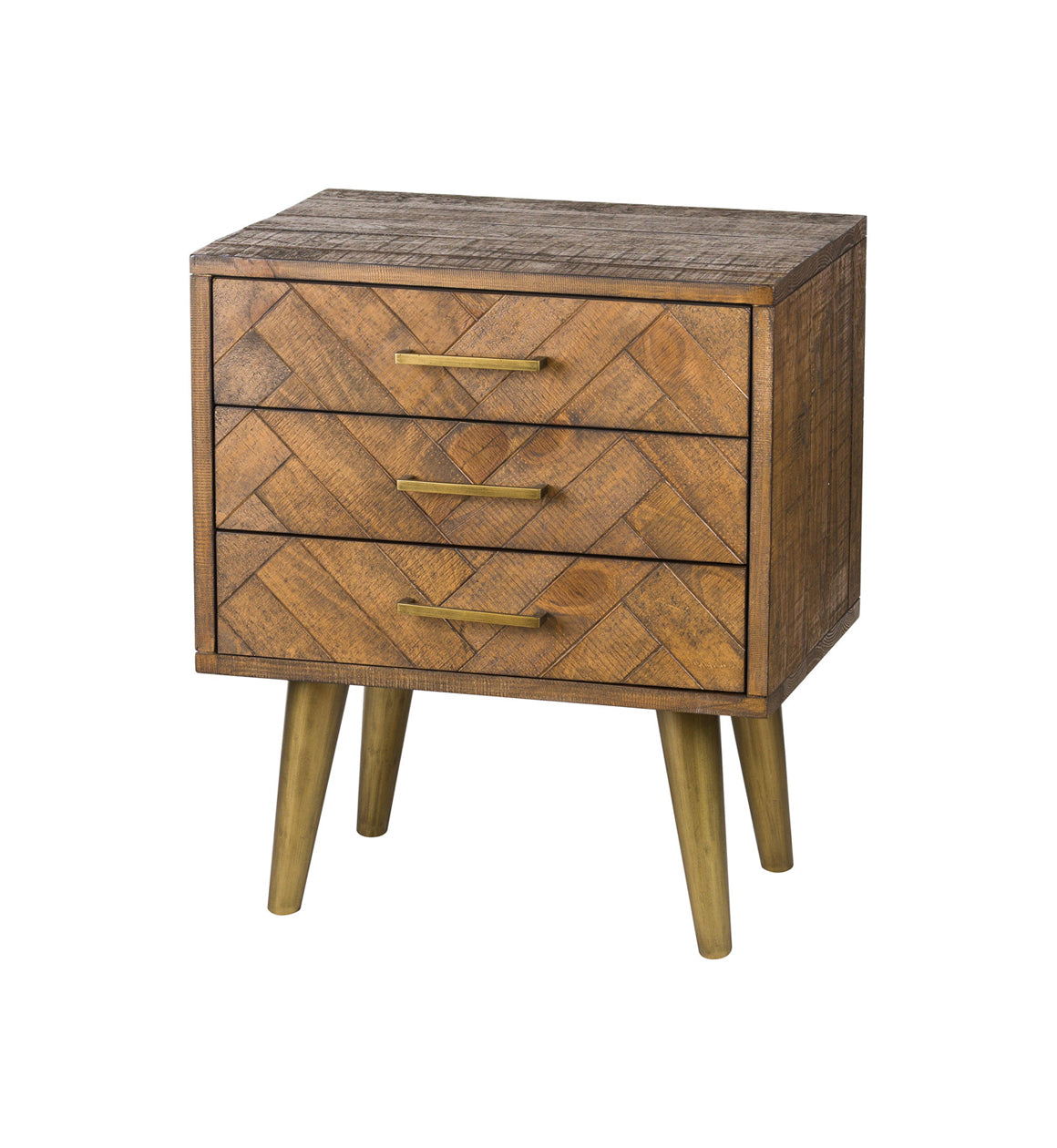 Wood and Gold Three Drawer Bedside Table