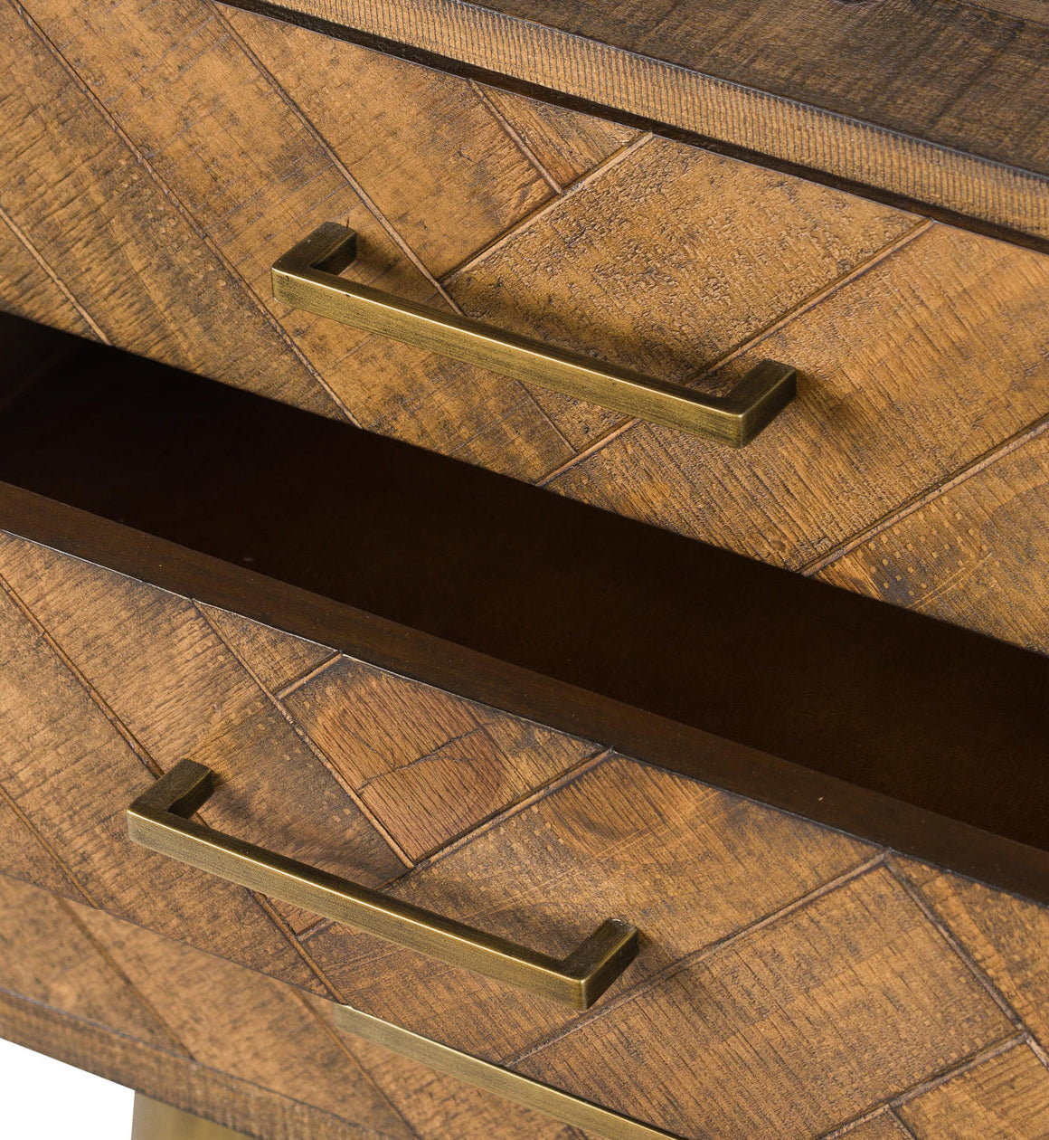 Wood and Gold Three Drawer Bedside Table