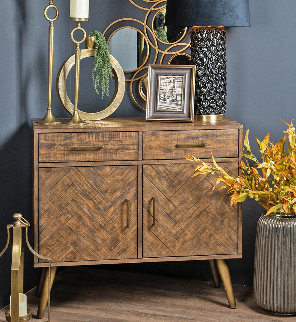 Wood and Gold Two Door and Drawer Sideboard
