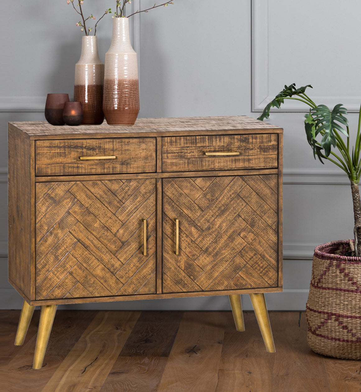 Wood and Gold Two Door and Drawer Sideboard
