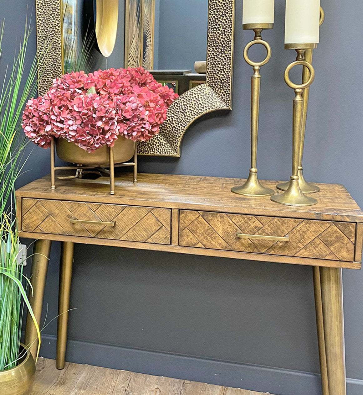Wood and Gold Two Drawer Console Table